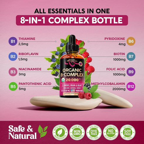 USDA Organic Vitamin B-Complex Liquid Drops, 2 fl. oz - B5, B12, B1, B6, B7, B9, B3