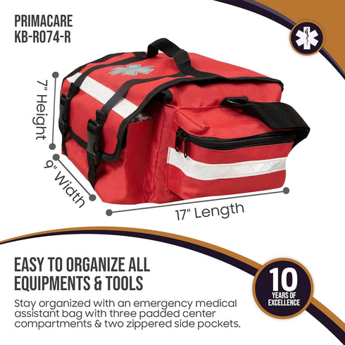 KB-RO74-R 17" 9" 7", Primacare First Responder Trauma Bag, x x Red EMT/EMS Medical Supply Organizer with Padded