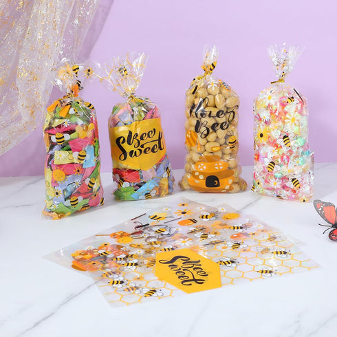 Ymapinc 50Pcs (4 Bee Gift Bag with Handles, Plastic Clear Handle Bags for Favors, Honey Bee Bags, Yellow Bag for Bees