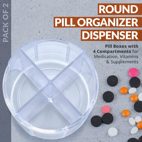 Round Pill Organizer Dispenser - Pack of 2 with 4 Compartments for Medication, Vitamins & Supplements, Daily Pill Case
