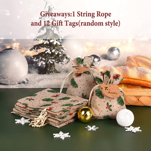 XCFWin 12 Pack Christmas Gift Bags with Drawstring, Reusable Designs for Christmas Party Supplies (Pine Branch, 13 *