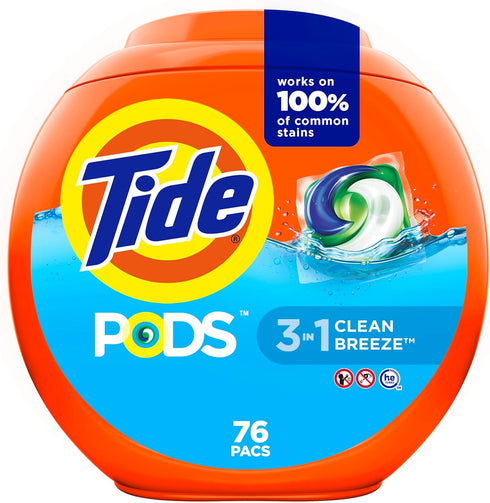 Tide PODS Liquid Laundry Detergent Soap Pacs, HE Compatible, 76 Count, Clean Breeze Scent