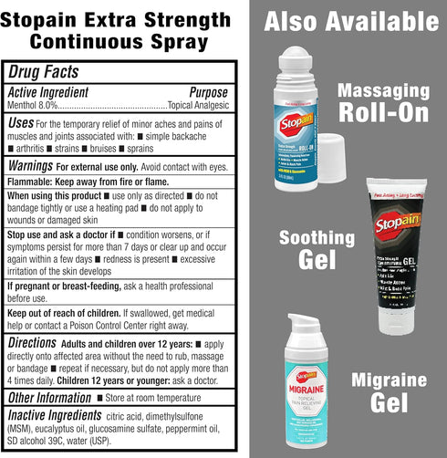 Stopain Pain Relief Spray - 4oz (3 Pack), Max Strength with MSM, Glucosamine, Menthol for Arthritis