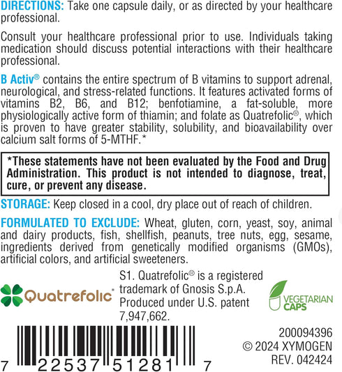 XYMOGEN Vitamin B Complex - B Activ, Activated B Vitamins with Benfotiamine, 30 Capsules for Adrenal & Immune Support