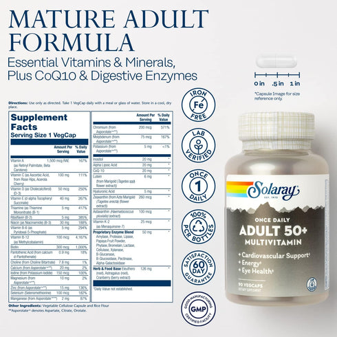 SOLARAY Once Daily Adult 50+ Multivitamin Healthy Energy, Heart & Immune Support for Mature Adults 90 CT