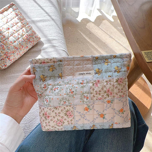 Floral Makeup Bag, Large Cotton Quilted Cosmetic Organizer, Aesthetic Portable Pouch for Women Girls Travel Accessories