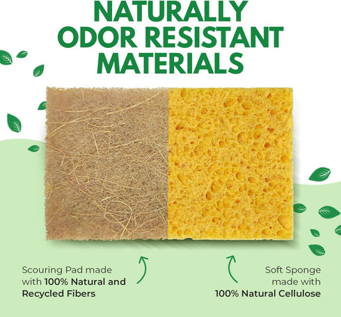 Pack 18 AIRNEX Natural Kitchen Sponges of - Biodegradable Cellulose and Coconut Husk Walnut Scrubbers - Odor Free Non