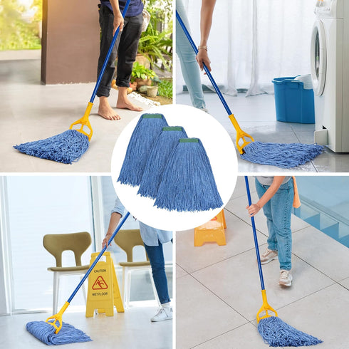 MATTHEW CLEANING 16oz 3Pack Cotton Floor Mop, Heavy Duty String Mop Refills, Universal Headband Blend Mop