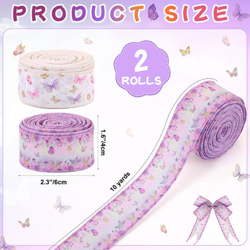 2 Rolls 20 Yards Butterfly Baby Shower Ribbon 1.5 Inch Wired Edge Ribbons Watercolor Purple Butterfly Floral Theme Burlap Ribbon for Gift Wrapping Bow Diaper Cake Birthday Party Decor DIY Craft by Tigeen