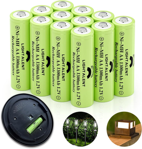 Ni-MH AA Rechargeable Batteries, 12 Pack 1300mAh Pre-Charged for Garden Landscaping Outdoor Solar Lights