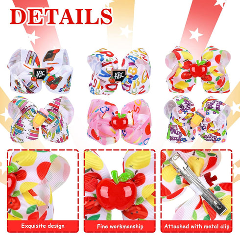 Whaline 6Pcs Back to School Bow Hair Clips, Colorful Grosgrain Hair Bow Barrettes for Kindergarten