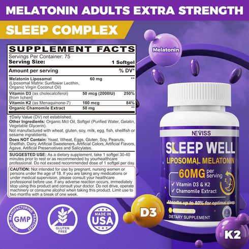 Melatonin 60mg for Adults High Dose, Supports Deep Sleep & Brain Cognition, Extra Strength Liposomal Melatonin