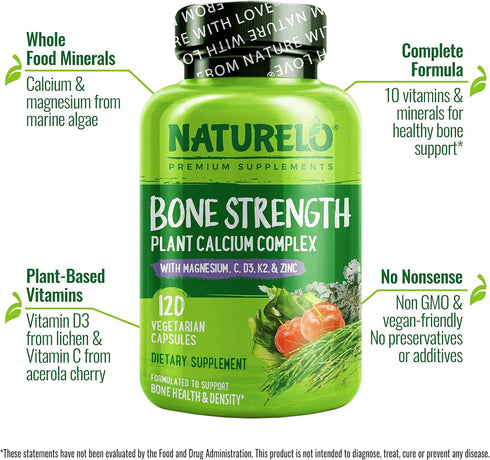 NATURELO Calcium Supplement for Bone Strength with 600mg Calcium, Vitamin D3, K2, C, Magnesium, Zinc - 120 Vegetarian
