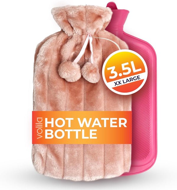 XL Hot Water Bottle with Cover - 3.5L Pink Hot Water Bag for Pain Relief, Washable Soft Faux Fur