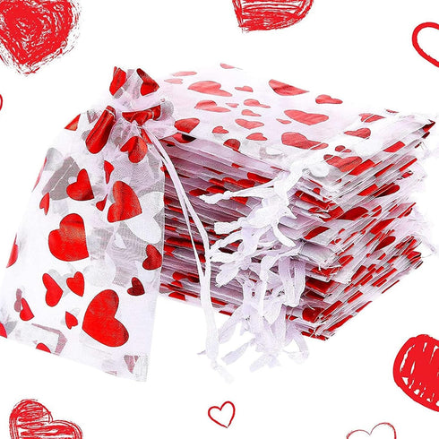 SIROGOGO 50 Pieces Heart Candy Bags, Organza Jewelry Pouches for Jewelry Packaging, Valentine's Day Party Supply