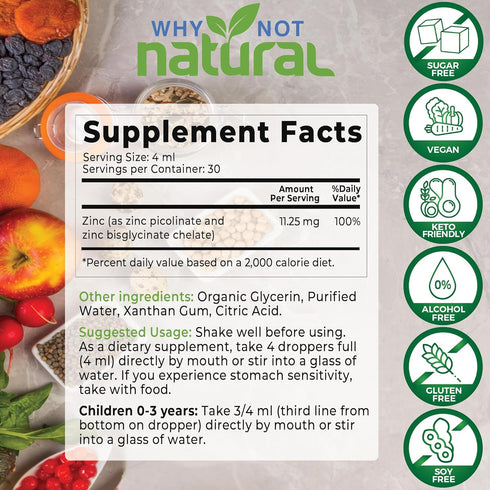 Organic Liquid Zinc Drops Supplement with Zinc Picolinate and Bisglycinate 4 fl, USDA Organic, Vegan