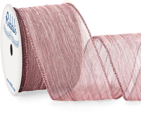 Ribbli Rose Pink Crinkled Wired Ribbon 2.5 Inch with Metallic Dusty Rose for Christmas Tree Topper, Gift Wrapping