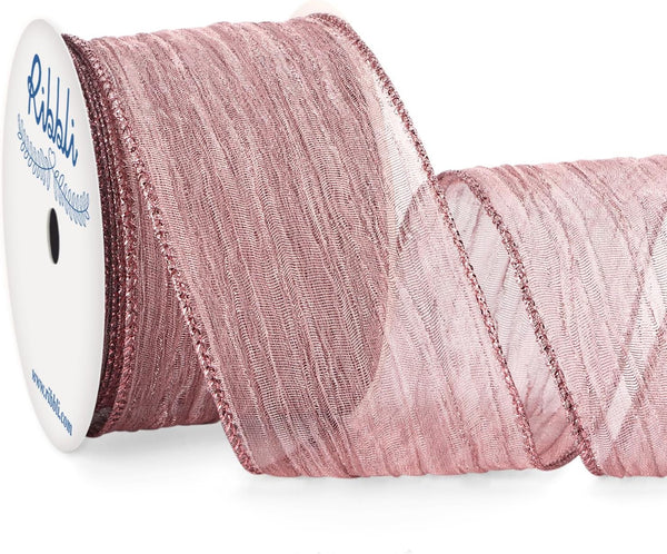 Ribbli Rose Pink Crinkled Wired Ribbon 2.5 Inch with Metallic Dusty Rose for Christmas Tree Topper, Gift Wrapping