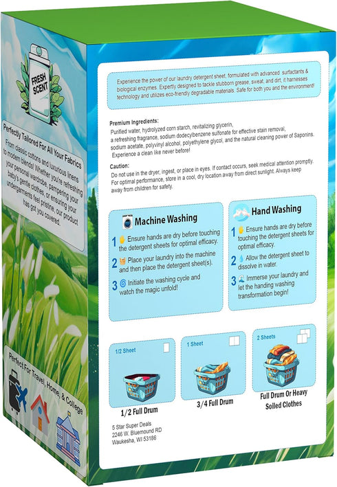 Laundry Detergent Sheets, 120 Loads, Eco-Friendly, Hypoallergenic, Powerful Stain Removal, Fresh Scent