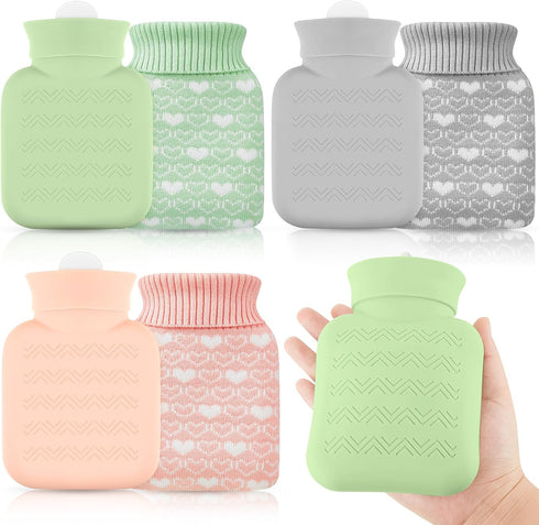 Amylove 3 Pcs Mini Hot Water Bottle - 320ml Silicone with Cover for Travel Pain Relief (Gray, Pink, Green)