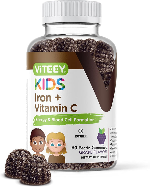Iron Gummies for Kids with Vitamin C - Vegan, Gluten Free, Tasty Chewable Grape Flavored, Blood Builder