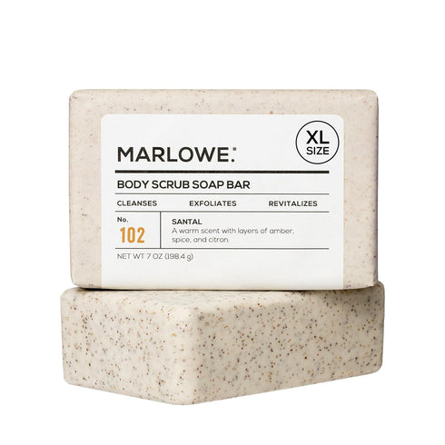 MARLOWE. No. 102 Body Scrub Soap 7 oz, Santal, Exfoliating Soap Bar with Shea Butter, Olive Oil & Green Tea
