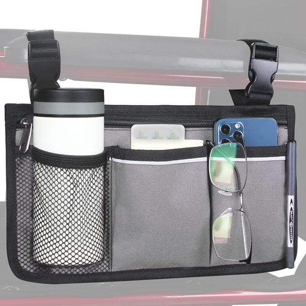 Wheelchair Side Bag with Cup Holder, Waterproof Armrest Storage Pouch for Most Wheelchairs, Walkers, Rollators (Gray)