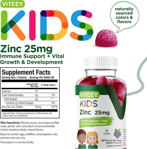 Zinc for Kids Gummies 25mg - Immune Support for Kids & Teens, Vegan, Gluten Free, Chewable Berry Flavor