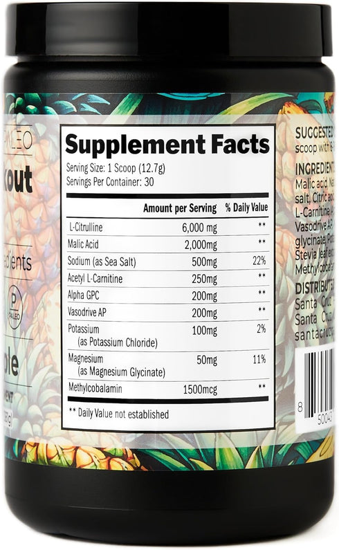 Santa Cruz Paleo Natural Pre Workout Powder, Pineapple, Keto Electrolytes with Magnesium, 30 Servings for Energy &