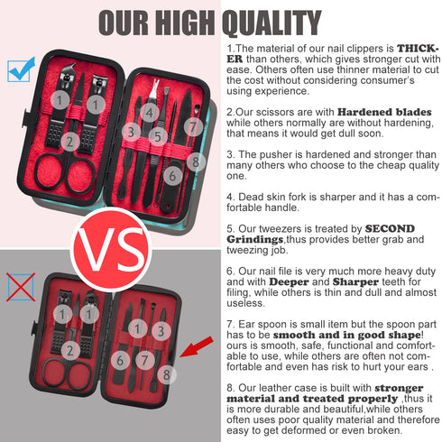 Manicure Set 9 in 1 Stainless Steel - Nail Clippers, Scissors, Pedicure Tools Kit with Black/Red Leather Case