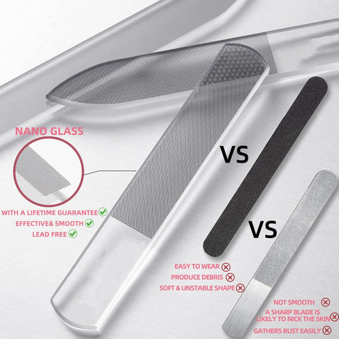 RedFlow Glass Nail File Set, 2 Nano Glass Nail Files and 1 Foot File, Professional Manicure Set for Natural Nails