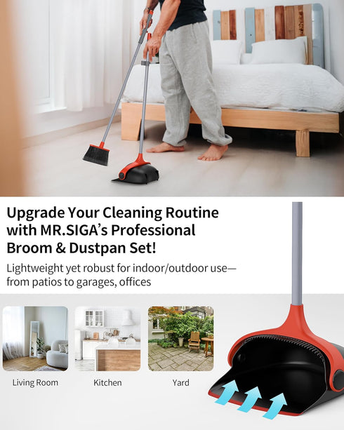 Set Set 51.7"(131 cm) MR.SIGA Broom and Dustpan with Long Handle, Stand Upright Broom with Dustpan Combo for Floor