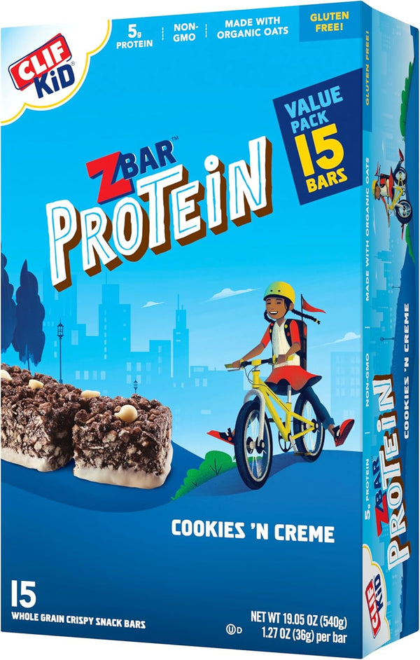 Zbar Protein - Cookies 'n Creme, Crispy Whole Grain Snack Bars with Organic Oats, 5g Protein, 1.27 oz. (15 Pack)