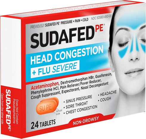 Sudafed PE Head Congestion + Flu Severe Decongestant Tablets for Adults, 24 ct