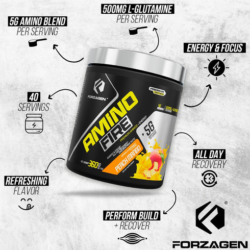 Forzagen Amino Fire, Essential Amino Energy Powder for Pre-Workout, Peach Mango, 40 Servings