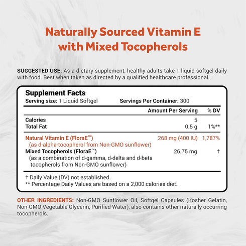 Naturalis Sunflower Vitamin E 268mg (400 IU) with Mixed Tocopherols | 300 Softgels | Non-GMO, Soy & Gluten Free |