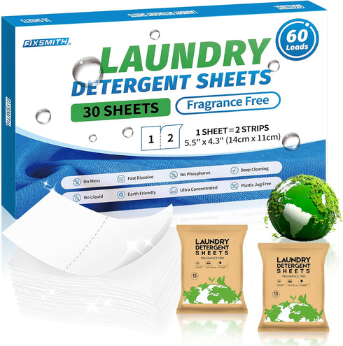 FIXSMITH Laundry Detergent Sheets - 60 Loads (30 Sheets) Fragrance Free, Hypoallergenic, Eco-Friendly Strips