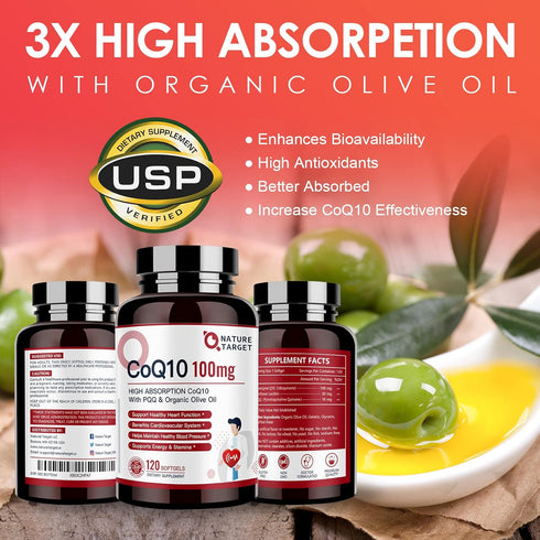 NATURE TARGET CoQ10-100mg-Softgels with 10mg PQQ - High Absorption Coenzyme-Q10 for Heart & Brain Health, 120 Servings