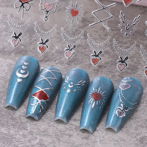 Silver Nail Art Stickers, Sun Moon Star Heart Line Flower Self-Adhesive 3D Nail Transfer Decals for Women