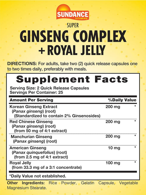 Sundance Super Ginseng Complex | with Royal Jelly | 50 Quick Release Capsules | Non-GMO and Gluten Free Traditional Herb Supplement