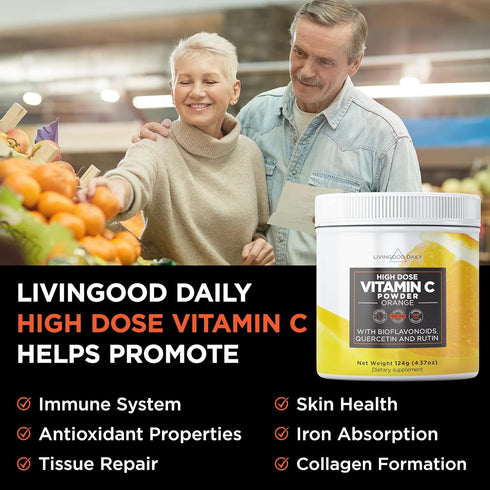 Livingood Daily High Dose Vitamin C Powder Supplement - 2,600mg Ascorbic Acid for Immunity & Skin Health - 30 Servings
