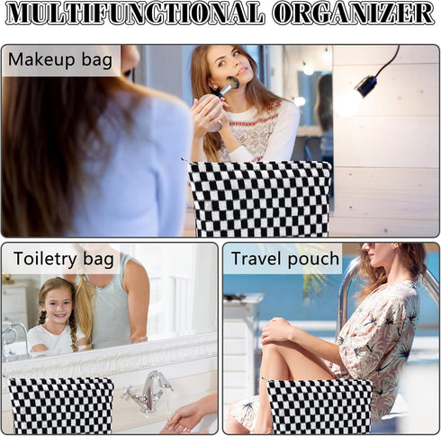 Checkered Makeup Bag for Women, Large Capacity Black Travel Cosmetic Bag Set, Cute Y2K Aesthetic Makeup Organizer