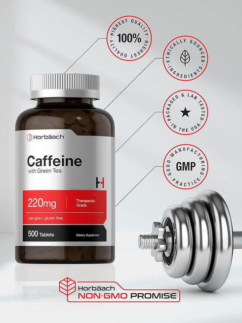 Horbaeach Caffeine Pills 200mg with Green Tea, 500 Tablets, Vegetarian Non-GMO Gluten Free
