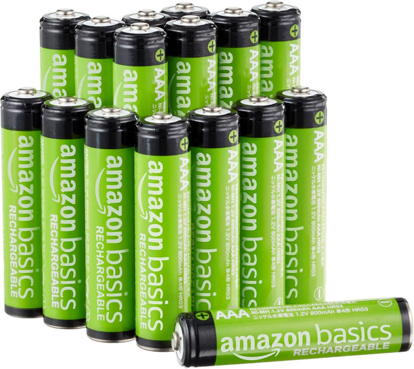 Amazon Basics 16-Pack Rechargeable AAA NiMH Performance Batteries, 800 mAh, Pre-Charged, Recharge up to 1000x