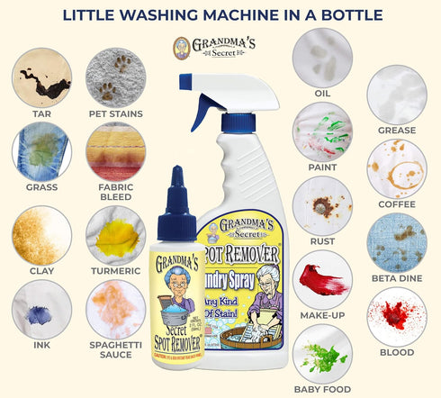 Grandma's Secret Spot Remover Laundry Spray - Chlorine-Free Fabric Stain Remover for Oil, Paint, Blood, 16 oz & 2 oz