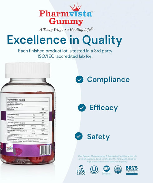 Pharmvista Gummy 60 Count Eye Health Support - Vitamin A + C + E + Lutein - Gluten Free, Vegan Friendly Supplement