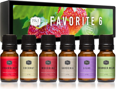 P&J Fragrance Oil Favorites Set for Candle Making, Soap Making, Diffuser Oils - Strawberry, Coconut, Woodbine,