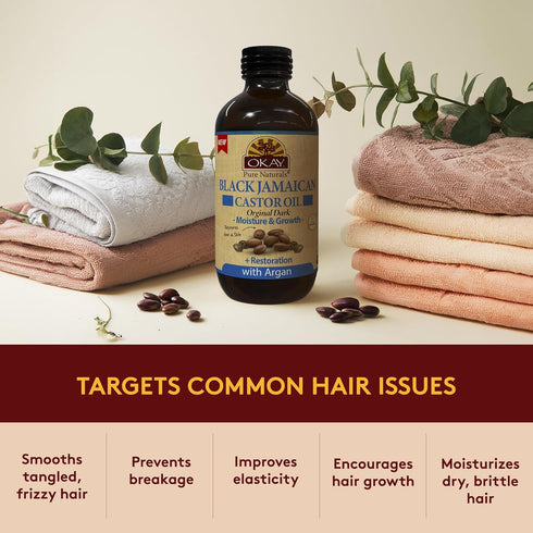 OKAY Pure Naturals Black Jamaican Castor Oil with Argan Oil, 4 Fl Oz Glass Bottle for Hair and Skin