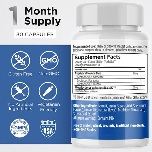 Earth's Pearl Dental Probiotic with BLIS K12, Oral Probiotics for Oral Health, Mint Flavor, 30-Day Supply