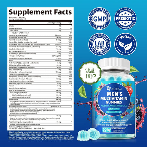Gummies w/Omega-3, Migcopat Multivitamin for Men, Mens Multivitamins Probiotics, Inositol, Folate, Biotin, Zinc